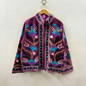 Bohemian Purple <b>Velvet</b> Embroidered Suzani <b>Jacket</b> With Floral Pattern Full Sleeve Stand Collar Handmade Autumn Outerwear - Product Image 1