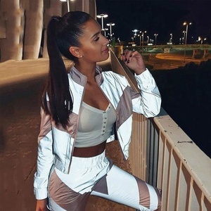 Thời Trang Phản Quang Tracksuit Phụ Nữ Dây Kéo Crop Tops + Quần Dài 2 Mảnh Thiết Lập Nữ Bộ Quần Áo Áo Khoác Quần S-XXL - Product Image 1