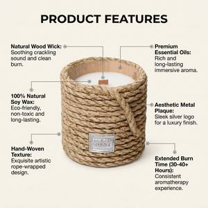 Luxury Woven Rattan Scented Soy Wax <b>Candle</b> With Wood <b>Wick</b> For Modern Boho Decor Wholesale Private Label Premium Realistic Set - Product Image 3