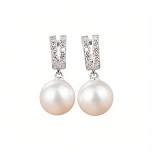 E1116 Orecchini pendenti con perle Akoya in oro bianco, perle coltivate rotonde AAA in oro 18 carati, gioielli da sposa classici da donna - Product Image 1