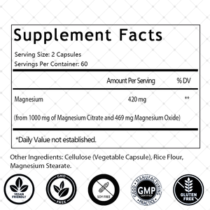 Cápsulas de Citrato de Magnesio OEM/ODM, Superventas, Apoyo para el Sueño, Músculos y Corazón, Veganas, 120 Cápsulas - Product Image 2
