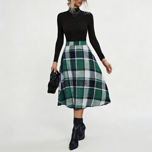 Oferta en Temu: Falda midi a cuadros de moda para mujer, cintura alta, corte acampanado, ideal para combinar en capas en climas frescos. - Product Image 2