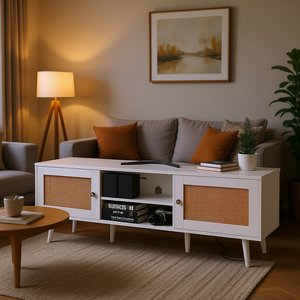 Meuble TV 65 pouces DB Wholesale, style bohème, en rotin, avec porte et prise USB intégrée, étagère TV - Product Image 2