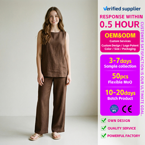 Conjunto de Dos Piezas de Lino Marrón <span class=keywords><strong>para</strong></span> <span class=keywords><strong>Mujer</strong></span>, Top sin Mangas con Cuello Redondo y Pantalones Anchos, Atuendo Informal a Juego de Color Sólido <span class=keywords><strong>para</strong></span> el Verano - Product Image 1