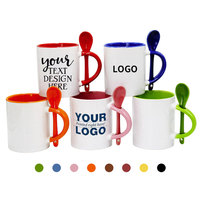 Tasses à café en céramique à sublimation blanche, verres à café personnalisables, simples émaillés, couleur intérieure 11oz avec cuillère pour cadeau de promotion