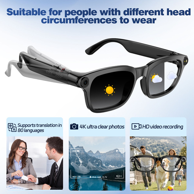New Smart Glasses Fit Different Face Shapes Featuring AI-Powered Translation 8MP Photo/Video AR Navigation Music Player Long