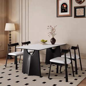 French Retro - Style Solid Wood and Rock Panel <strong>Dining</strong> Table - Black Finish for Home Use <strong>Paired</strong> with Stylish Solid Wood <strong>Chairs</strong> - Product Image 2