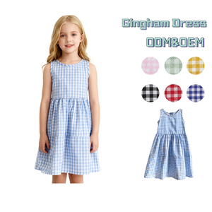 ग्रीष्मकालीन बेबी गर्ल नरम गिंघम 100% कपास की पोशाक छोटी लड़की बुटीक आस्तीन पोशाक - Product Image 1