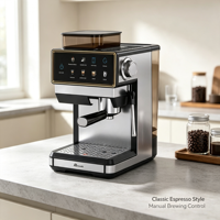 Cafetera Espresso Eléctrica Comercial de 20 Bares con Molinillo Incorporado, 20 Ajustes de Molienda, Taza de Acero Inoxidable Compacta para Hotel