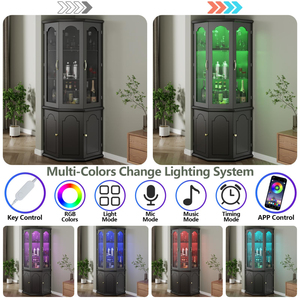 <b>Corner</b> Bar Cabinet with LED Lights, Tall Modern Wine Tempered Glass Door & Adjustable Shelves, - Product Image 4