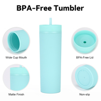 Vaso Acrílico de Doble Pared de 16oz con Logotipo Personalizado al por Mayor, con Pajita, Mate, Delgado, Reutilizable, para Bebidas Frías, Proveedor de Artículos Promocionales