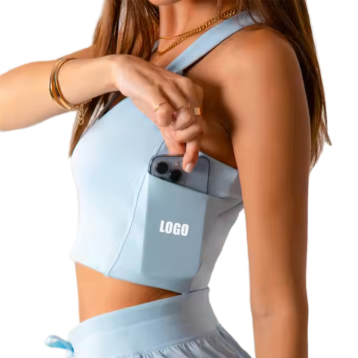 OEM Custom Crossover Workout Gym Back Fitness Yoga Tennis Wide Straps Crop Tank Top Side Pockets Functional Sports Bra For Women