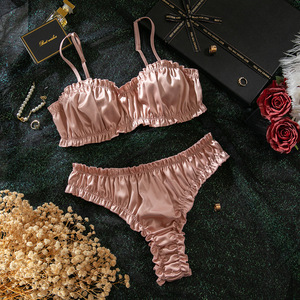 Wholesale Ruffle Bralette Lingerie <b>Set</b> Women Wireless Ruched Crop Bra and Thong <b>Set</b> Solid Color <b>Sexy</b> Womens Intimates OEM ODM - Product Image 4