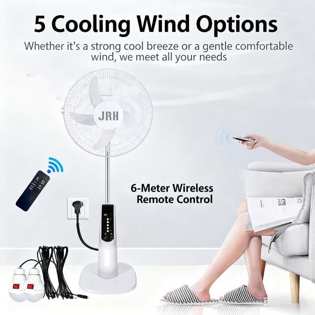 14/16 Inch Solar Rechargeable Fan with Brushless Motor Solar Panel LED Lights Adjustable Height Remote Control Battery Included