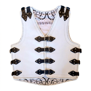 <b>Men's</b> <b>White</b> Genuine Leather Shell Biker <b>Vest</b> with Denim Lining V-Neck Vintage Camouflage Pattern Winter Outerwear - Product Image 1