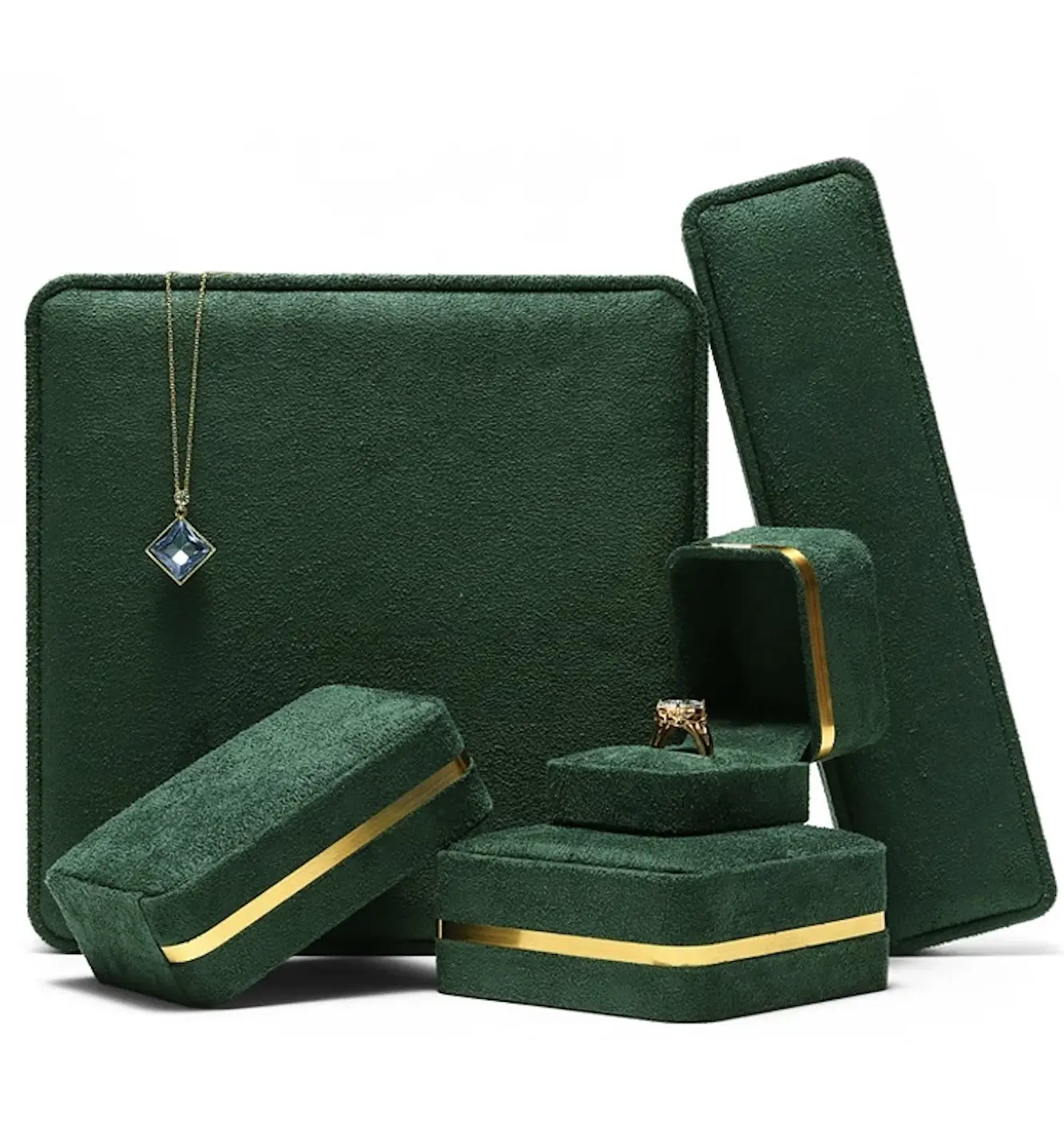 Cajas de embalaje de joyería verde de terciopelo Pu, de lujo, personalizado, regalo de boda, caja de joyería de pelusa para anillos, pendientes, collar, gran oferta