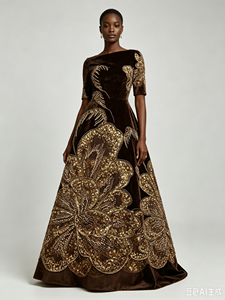 Tela de terciopelo marrón K/C con encaje bordado, <span class=keywords><strong>lentejuelas</strong></span> doradas, cuentas y pedrería, tela pesada para vestido de novia Aso Ebi Abaya, 8 colores en stock - Product Image 5