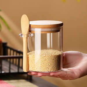 Bocal à Épices en Verre Borosilicate Rond Soufflé à la Main 15oz, Qualité Alimentaire, Transparent, avec Couvercle en Liège et Bambou, et Cuillère - Product Image 2