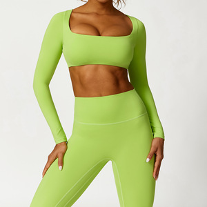 JY nuevo Sexy manga larga Crop Top Fitness gimnasio ropa Yoga pantalones Leggings <span class=keywords><strong>2</strong></span> piezas Yoga conjunto de Yoga para mujer ropa - Product Image 4