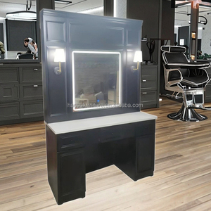Estación de mesa de peluquero de pintura negra con muebles de salón de espejo Led para configuración de barbería con estilo - Product Image 5