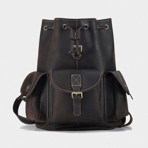 Sac à dos pour homme de grande capacité, style rétro, pour les loisirs et les voyages, sac à dos à cordon, sac à dos en cuir vintage pour homme - Product Image 3