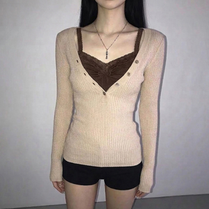 Color Block Lace Trim <b>V</b> <b>Neck</b> Knit Top, Long Sleeve <b>Women's</b> <b>T</b> <b>Shirt</b>, Patchwork Retro Top, Y2K Vintage Casual Fashion - Product Image 5