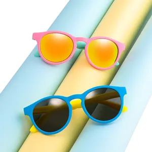 Großhandel gläser für kinder 10 jahre alt-Bunte runde Silikon Kinder Sonnenbrille Flexible Retro polarisierte Mädchen Sonnenbrille Kinder