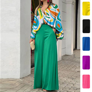 I-0748 Conjunto Casual de Moda para Mujer, 2 Piezas, Nuevo Conjunto Casual Estampado, <span class=keywords><strong>Camisa</strong></span> Holgada <span class=keywords><strong>con</strong></span> Solapa Grande, Pantalones de Cintura Alta <span class=keywords><strong>con</strong></span> Corte Acampanado - Product Image 1