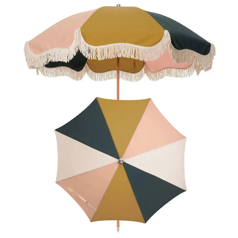 Parasol de plage en toile de qualité supérieure personnalisé pour camping en plein air et voyage avec pompons en coton pour chaises, parasol portable en bois pour le soleil