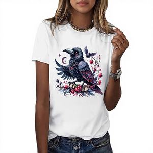 Camiseta de Jersey para Mujer, Estilo Gótico con Diseño de Cuervo, Manga Corta, Cuello Redondo, Estampado Digital de Corazones Florales, Informal, 100% Algodón, Lavable a Máquina, para Todas las Temporadas - Product Image 1