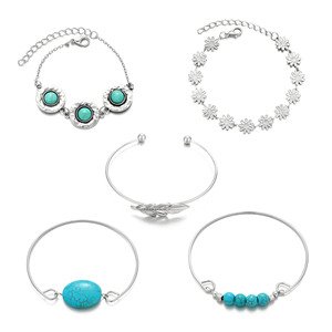 European and American New Combination <b>Bracelet</b> Vintage Ethnic Turquoise Feather <b>Flower</b> 5-Piece Set <b>Bracelet</b> <b>Bracelet</b> Wholesale - Product Image 5