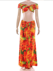 Conjunto <span class=keywords><strong>de</strong></span> 3 piezas para mujer, sexy, con estampado floral, para vacaciones en la playa, top corto con hombros descubiertos + falda larga ajustada con volantes y lazo, ropa <span class=keywords><strong>de</strong></span> club - Product Image 6