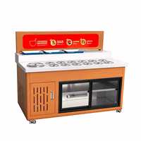 Station de condiments mobile professionnelle pour sauces de hot pot avec bacs de comptoir et vitrine en verre coulissante sur roulettes