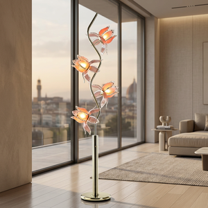 Stylish Floral Standing <b>Floor</b> <b>Lamp</b>, S-Bend Polished Gold Support, 4 Pink Translucent Acrylic Lotus Lampshade - Product Image 4