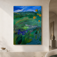Weide Iris Tuin Landschap Olieverfschilderij Rolige heuvels Kobaltblauwe lucht Fruitboom Expressief penseelwerk Handgeschilderde canvaskunst