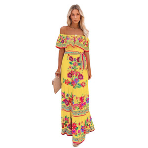 Vestido Largo de Verano para Mujer, Estilo Retro, Cintura Alta, Dobladillo Fluido, Un Hombro Descubierto, Estampado de Color Brillante, para <span class=keywords><strong>Vacaciones</strong></span> - Product Image 4