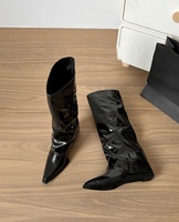 Bottines à talon compensé, cuir PU noir, bout pointu, bottes pour femmes