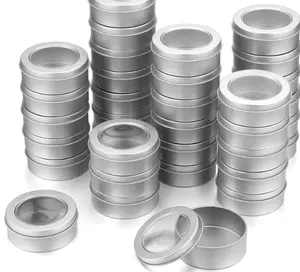 see through 2 Ounce Metal Tin Cans Round Empty Container Salve Tins with Clear Screw Lid for dry herb flower