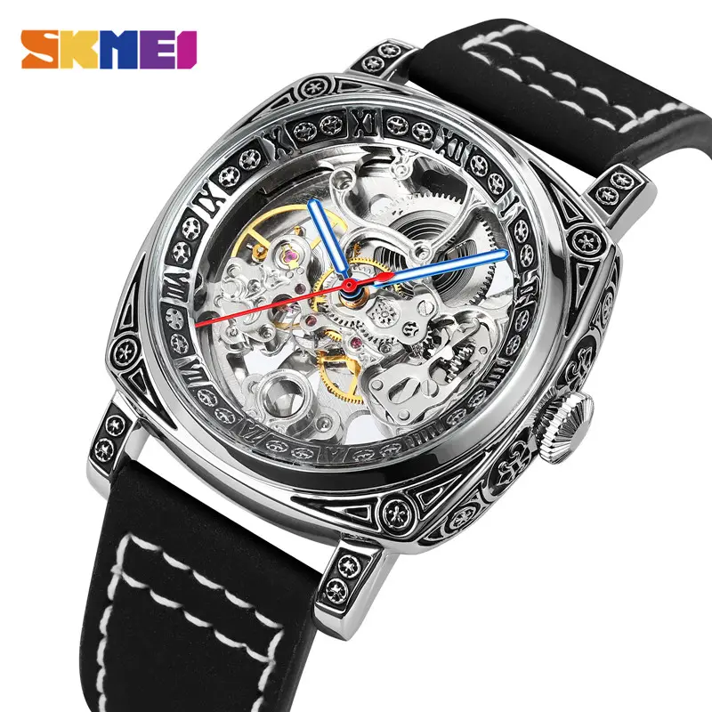 Skmei 9271 top brand luxury men's leather strap automatic watch simple mechanical waterproof men's watch clock