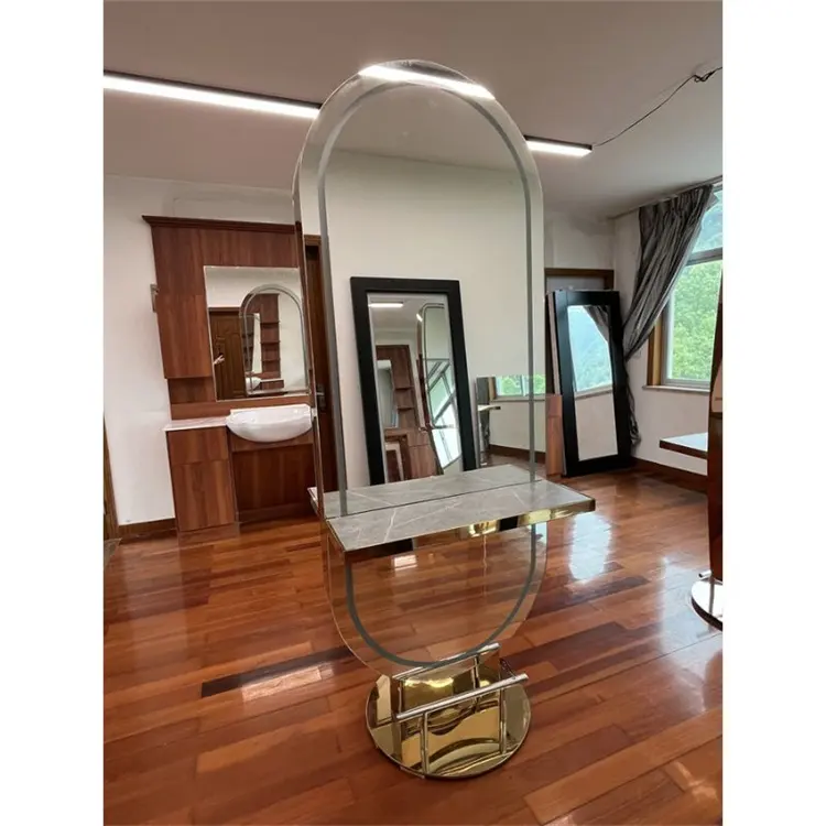 Cermin Emas meja rias mewah Barbershop tidak bercahaya rambut dua sisi diskon besar perabotan Salon gaya tukang cukur kayu cermin