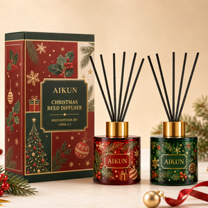 Aikun 2 Bottle Christmas Scented Glass <b>Reed</b> <b>Diffuser</b> Gift Set Packed with <b>Black</b> Fiber Sticks in Printed Box for Holiday Gifting - Product Image 1