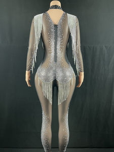 Novance Y2103 Vêtements pour femmes Tendance Sexy Tassel Diamond See Though Stretchy Jumpsuit Transparent Black Dress for Singer Dance - Product Image 6