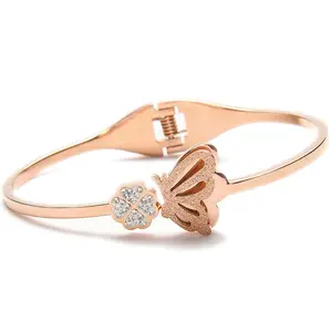 Yiwu Daicy diamond jewelry four leaf clover bracelet stainless steel frosted Rose Gold butterfly bracelet open bangle women