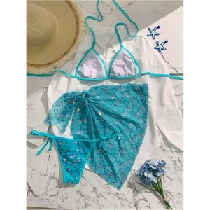FOXA Women's 3 Piece Swimsuit Sequin Halter <b>Triangle</b> <b>Bikini</b> <b>Set</b> With Cover Up Skirt - Product Image 5
