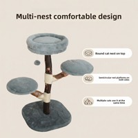 Arbre à chat de luxe en bois véritable, tour à chat moderne en bois avec perchoir en peluche et poteau à gratter en sisal pour chats de petite à moyenne taille, gris