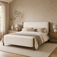 Cadre de lit rembourré en tissu bouclé de style nordique moderne avec poteaux en bois massif de noyer, lit plateforme pour chambre à coucher, taille King ou Queen