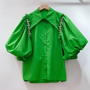 Fashion Vintage Puff Sleeve Shirt Women Rhinestone Chain Decoration Irregular Slit Blouses Lady Single-Breasted Top