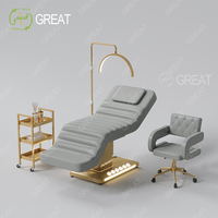 Ensemble de Mobilier de Luxe pour Salon de Beauté Noir et Or, Lit de Massage Cosmétique Électrique à 3 Moteurs, Lit Facial Réglable pour Cils avec Lampe