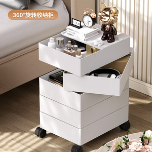 360 Degree Rotating Bedside Table <b>Plastic</b> <b>Drawer</b> <b>Storage</b> Cabinet With Wheels For Bedroom Nightstand White 5 Tier - Product Image 1