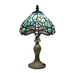 LongHuiJing 8Inch Dome Vintage Tiffany Dragonfly Resin Stained Glass LED Table Iron Base AC Mediterranean Style 2700K Warm White - Product Image 1